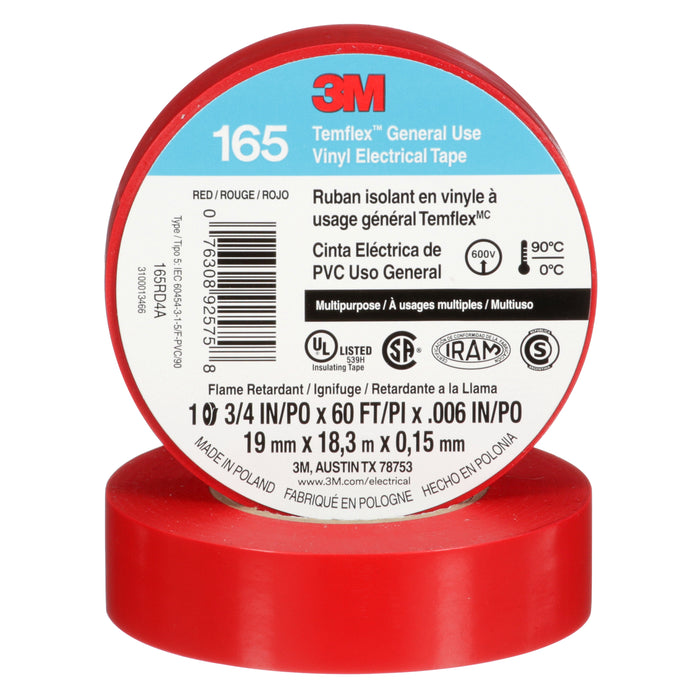 3M - TEMFLEX GENERAL USE VINYL ELECTRICAL TAPE 165 - RED 19 MM X 18 M (3/4" X 60 FT) 0.15 MM (6 MIL) - 7100169492