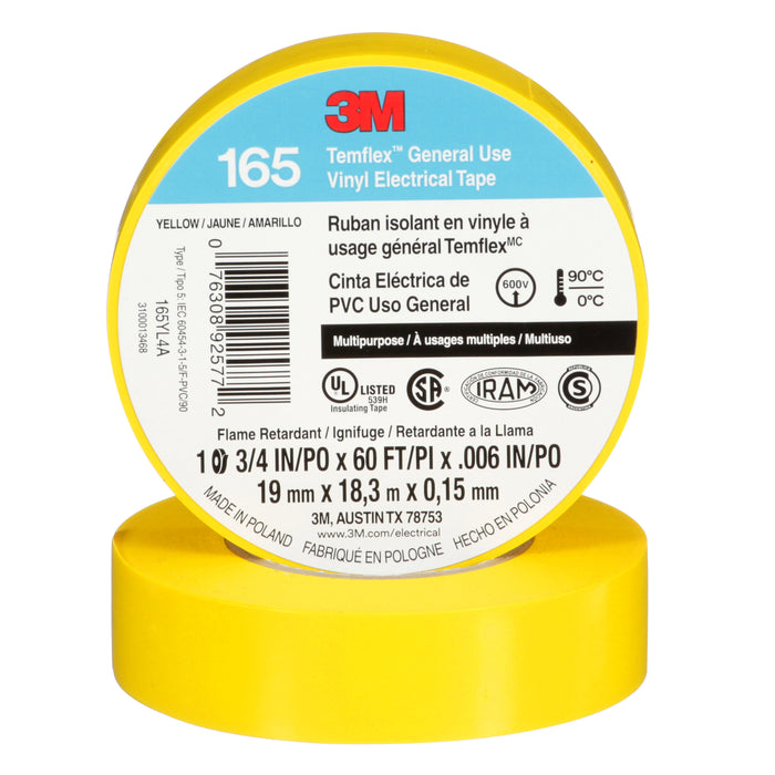 3M - TEMFLEX GENERAL USE VINYL ELECTRICAL TAPE 165 - YELLOW 19 MM X 18 M (3/4" X 60 FT) 0.15 MM (6 MIL) - 7100169490