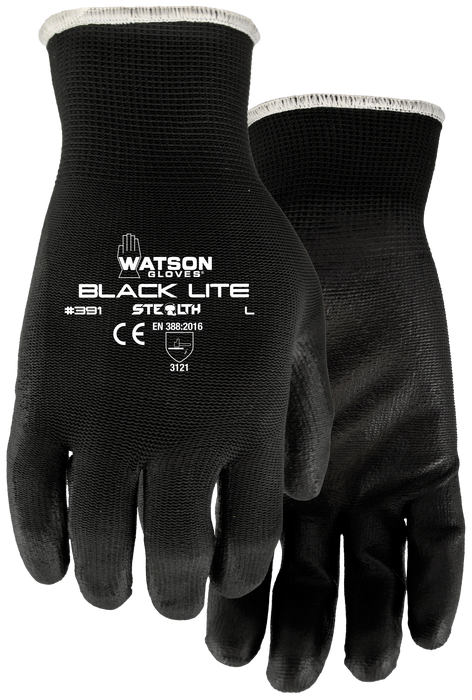 WATSON GLOVES - STEALTH BLACK LITE LIGHTWEIGHT POLY NYLON SHELL COATED [L] - 391-L