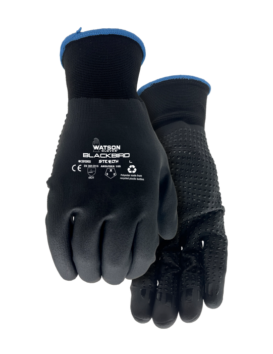 WATSON GLOVES - STEALTH BLACKBIRD 15GG DOTTED FOAM NITRILE PALM COATED [M] - 395-M