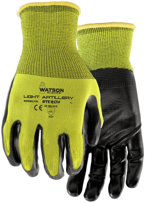 WATSON GLOVES - STEALTH LIGHT ARTILLERY NITRILE HI VIS POLYESTER COATED [XL] [6/PK] - 396X6-X