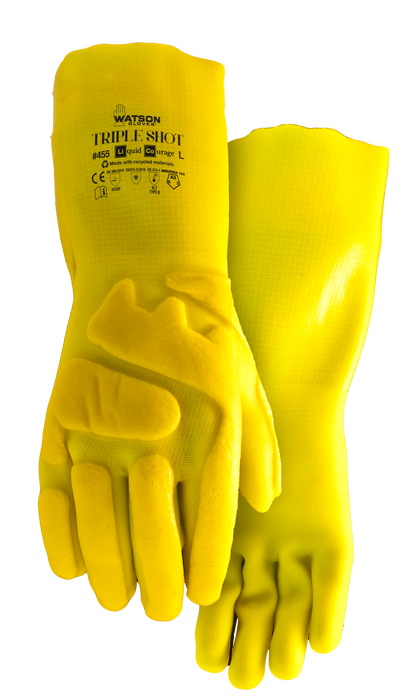WATSON GLOVES - TRIPLE SHOT A3 HI VIS SANDY PVC PADDED BACK OF HAND CHEMICAL [L] - 455-L