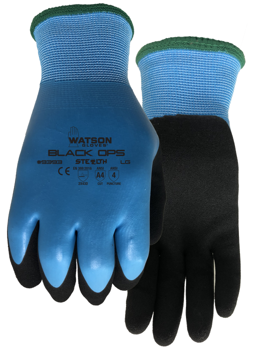 WATSON GLOVES - STEALTH BLACK OPS A4 DOUBLE DIP FOAM LATEX ACRYLIC LINED COATED [L] - 9393-L