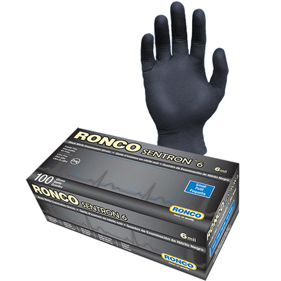 RONCO SENTRON BLACK, LARGE,  NITRILE EXAMINATION GLOVES, 6-MIL, POWDER-FREE - BOX OF 100