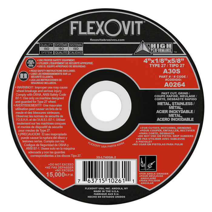 FLEXOVIT - 4" X 1/8" X 5/8" HIGH PERFORMANCE™ 30 GRIT ALUMINUM OXIDE GRAIN REINFORCED TYPE 27 DEPRESSED CENTER COMBINATION WHEEL - A0264