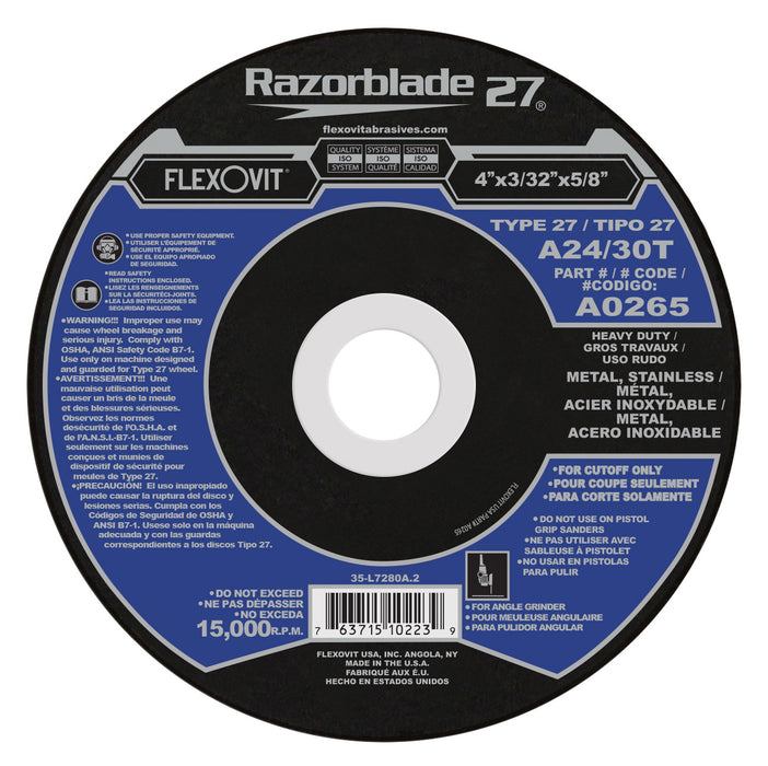 FLEXOVIT - 4" X 3/32" X 5/8" RAZORBLADE 27® 24- GRIT ALUMINUM OXIDE GRAIN REINFORCED TYPE 27 DEPRESSED CENTER CUT-OFF WHEEL - A0265