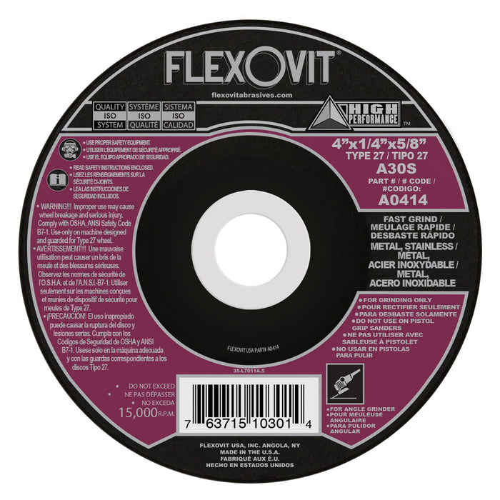 FLEXOVIT - 4" X 1/4" X 5/8" HIGH PERFORMANCE™ 30 GRIT ALUMINUM OXIDE GRAIN REINFORCED TYPE 27 DEPRESSED CENTER GRINDING WHEEL - A0414