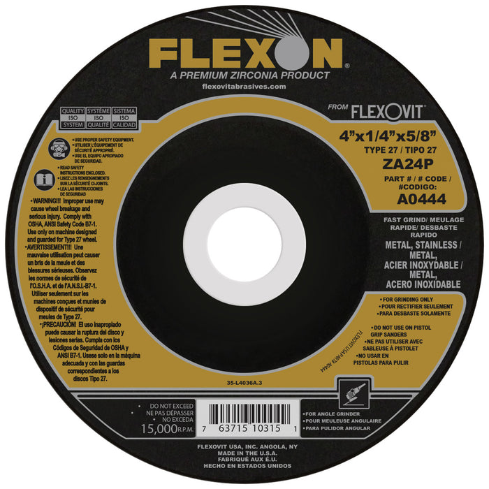 FLEXOVIT - 4" X 1/4" X 5/8" FLEXON® 24 GRIT ZIRCONIA ALUMINA GRAIN REINFORCED TYPE 27 DEPRESSED CENTER GRINDING WHEEL - A0444