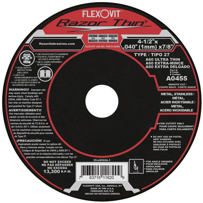 FLEXOVIT - 4-1/2" X .040" X 7/8" RAZORTHIN® 60 GRIT ALUMINUM OXIDE GRAIN REINFORCED TYPE 27 DEPRESSED CENTER CUT-OFF WHEEL - A0455