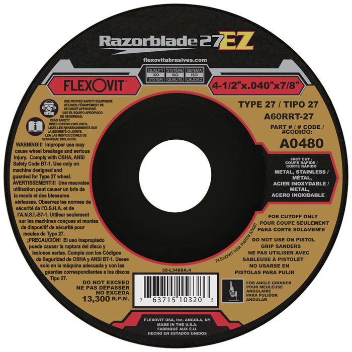 FLEXOVIT - 4-1/2" X .040" X 7/8" RAZORBLADE 27® EZ 60 GRIT ALUMINUM OXIDE GRAIN REINFORCED TYPE 27 DEPRESSED CENTER CUT-OFF WHEEL - A0480