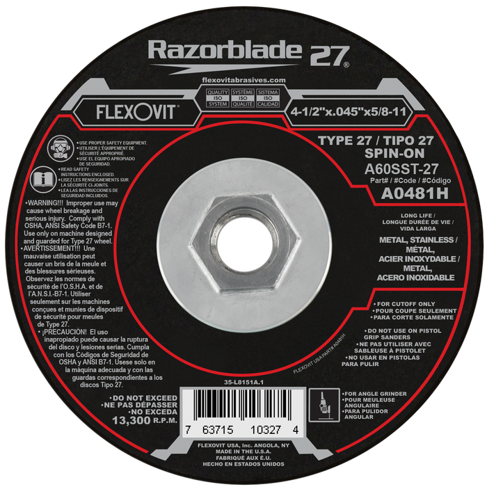 FLEXOVIT - RAZORBLADE27™ 4-1/2"X.045"X5/8-11 A60SST-27 DEPRESSED CENTER CUTOFF WHEEL - A0481H