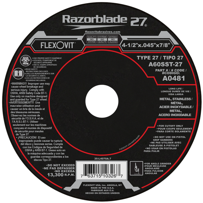 FLEXOVIT - 4-1/2" X .045" X 7/8" RAZORBLADE 27® 60 GRIT ALUMINUM OXIDE GRAIN REINFORCED TYPE 27 DEPRESSED CENTER CUT-OFF WHEEL - A0481