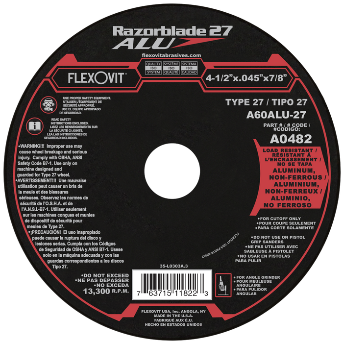 FLEXOVIT - 4-1/2" X .045" X 7/8" RAZORBLADE 27® ALU 60 GRIT ALUMINUM OXIDE GRAIN REINFORCED TYPE 27 DEPRESSED CENTER CUT-OFF WHEEL - A0482