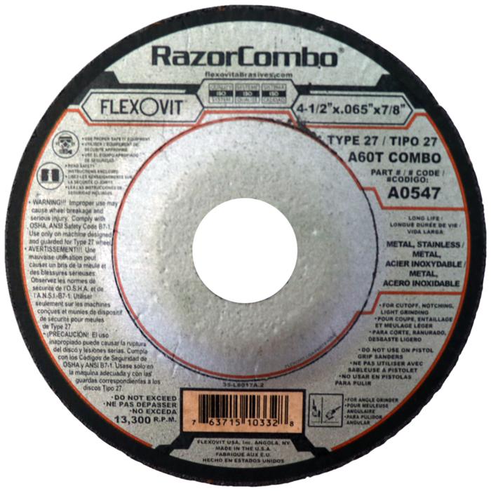 FLEXOVIT - 4-1/2" X .065" X 7/8" RAZORCOMBO® 60 GRIT ALUMINUM OXIDE GRAIN REINFORCED TYPE 27 DEPRESSED CENTER CUT-OFF WHEEL - A0547