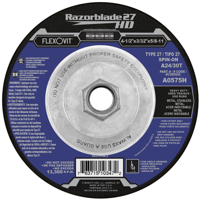 FLEXOVIT - 4-1/2" X 3/32" X 5/8" - 11 RAZORBLADE 27® 24- GRIT ALUMINUM OXIDE GRAIN REINFORCED TYPE 27 SPIN-ON DEPRESSED CENTER CUT-OFF WHEEL - A0575H