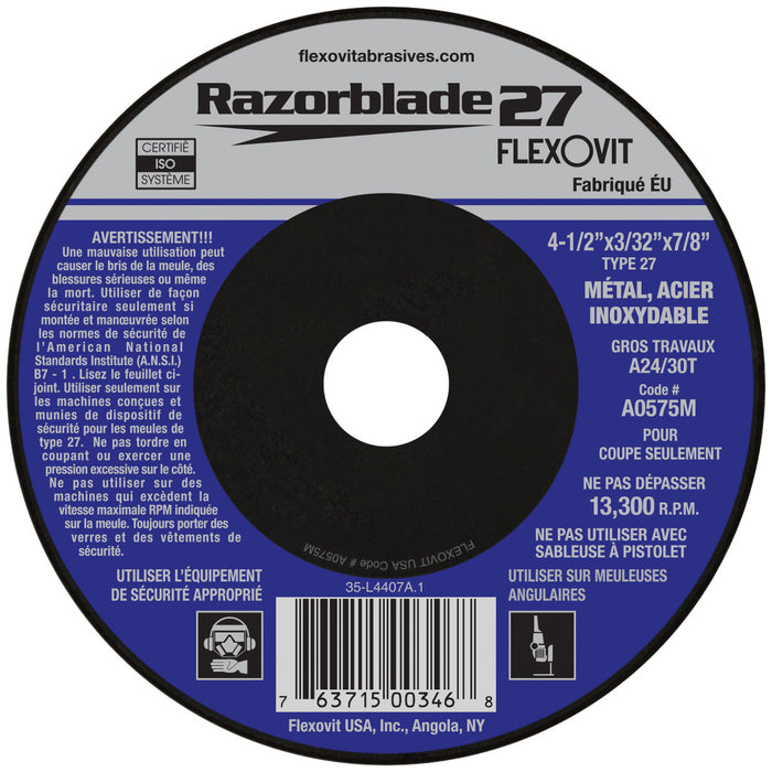 FLEXOVIT - 4-1/2" X 3/32" X 7/8" RAZORBLADE 27® 24- GRIT ALUMINUM OXIDE GRAIN REINFORCED TYPE 27 DEPRESSED CENTER CUT-OFF WHEEL - A0575