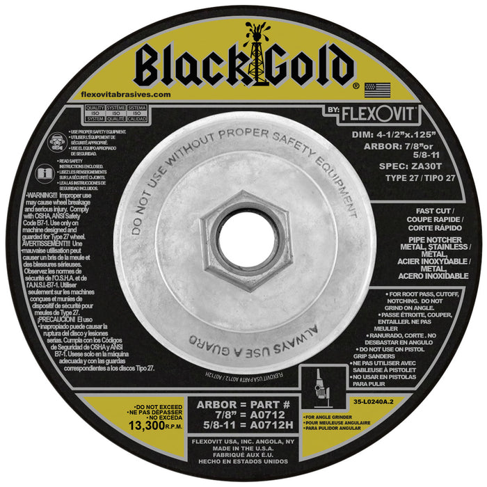 FLEXOVIT - 4-1/2" X 1/8" X 5/8" - 11 BLACK GOLD® 30 GRIT ZIRCONIA CERAMIC GRAIN REINFORCED TYPE 27 SPIN-ON DEPRESSED CENTER CUT-OFF WHEEL - A0712H