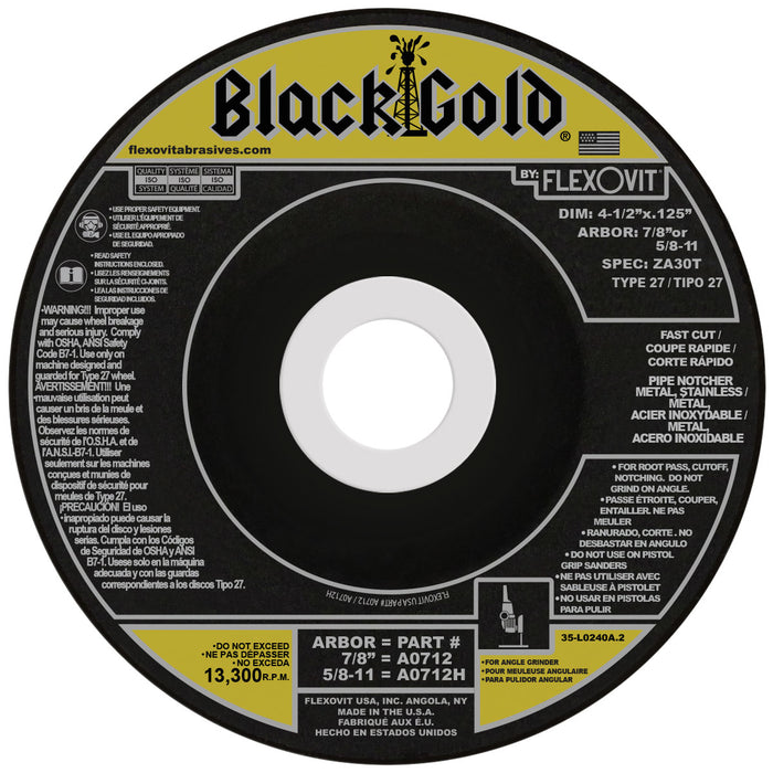 FLEXOVIT - 4-1/2" X 1/8" X 7/8" BLACK GOLD® 30 GRIT ZIRCONIA CERAMIC GRAIN REINFORCED TYPE 27 DEPRESSED CENTER CUT-OFF WHEEL - A0712