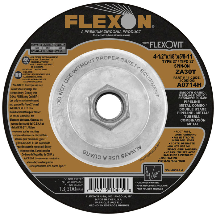 FLEXOVIT - 4-1/2" X 1/8" X 5/8" - 11 FLEXON® 30 GRIT ZIRCONIA ALUMINA GRAIN REINFORCED TYPE 27 SPIN-ON DEPRESSED CENTER COMBINATION WHEEL - A0714H