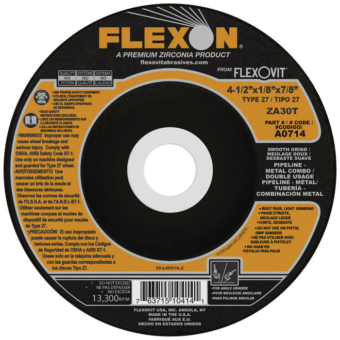 FLEXOVIT - 4-1/2" X 1/8" X 7/8" FLEXON® 30 GRIT ZIRCONIA ALUMINA GRAIN REINFORCED TYPE 27 DEPRESSED CENTER COMBINATION WHEEL - A0714