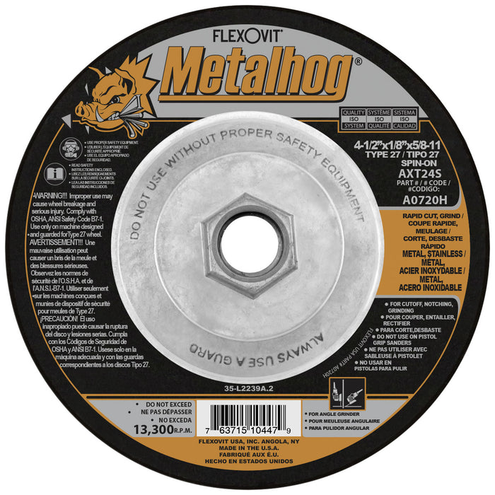 FLEXOVIT - 4-1/2" X 1/8" X 5/8" - 11 METALHOG™ 24 GRIT PREMIUM BLEND GRAIN REINFORCED TYPE 27 SPIN-ON DEPRESSED CENTER COMBINATION WHEEL - A0720H
