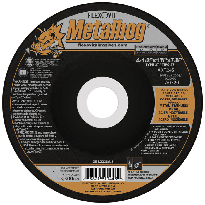 FLEXOVIT - 4-1/2" X 1/8" X 7/8" METALHOG™ 24 GRIT PREMIUM BLEND GRAIN REINFORCED TYPE 27 DEPRESSED CENTER COMBINATION WHEEL - A0720