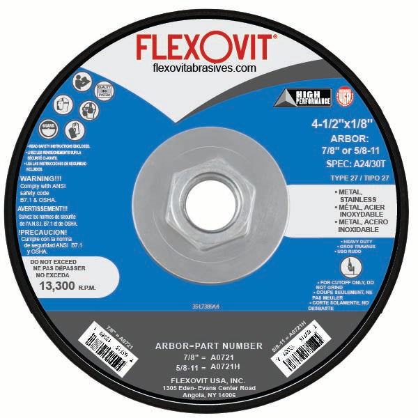FLEXOVIT - 4-1/2" X 1/8" X 5/8" - 11 HIGH PERFORMANCE™ 24- GRIT ALUMINUM OXIDE GRAIN REINFORCED TYPE 27 SPIN-ON DEPRESSED CENTER CUT-OFF WHEEL - A0721H