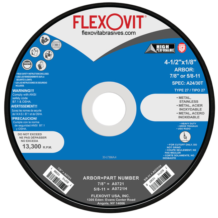 FLEXOVIT - 4-1/2" X 1/8" X 7/8" HIGH PERFORMANCE™ 24- GRIT ALUMINUM OXIDE GRAIN REINFORCED TYPE 27 DEPRESSED CENTER CUT-OFF WHEEL - A0721