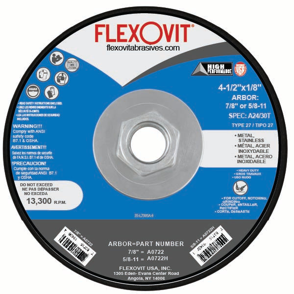 FLEXOVIT - 4-1/2" X 1/8" X 5/8" - 11 HIGH PERFORMANCE™ 24- GRIT ALUMINUM OXIDE GRAIN REINFORCED TYPE 27 SPIN-ON DEPRESSED CENTER COMBINATION WHEEL - A0722H