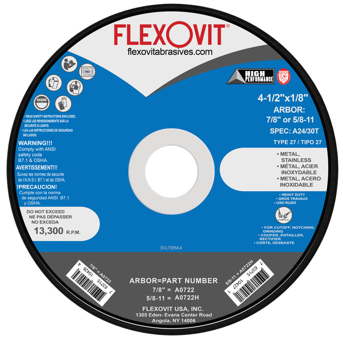 FLEXOVIT - 4-1/2" X 1/8" X 7/8" HIGH PERFORMANCE™ 24- GRIT ALUMINUM OXIDE GRAIN REINFORCED TYPE 27 DEPRESSED CENTER COMBINATION WHEEL - A0722