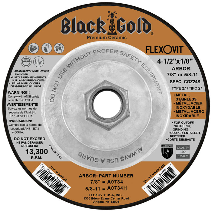 FLEXOVIT - 4-1/2" X 1/8" X 5/8" - 11 BLACK GOLD® 24 GRIT ZIRCONIA CERAMIC GRAIN REINFORCED TYPE 27 SPIN-ON DEPRESSED CENTER COMBINATION WHEEL - A0734H