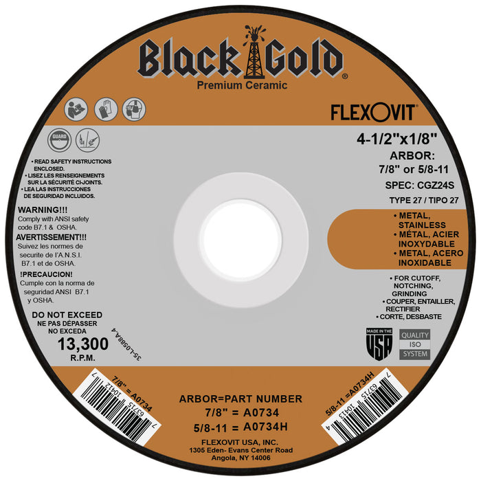 FLEXOVIT - 4-1/2" X 1/8" X 7/8" BLACK GOLD® 24 GRIT ZIRCONIA CERAMIC GRAIN REINFORCED TYPE 27 DEPRESSED CENTER COMBINATION WHEEL - A0734