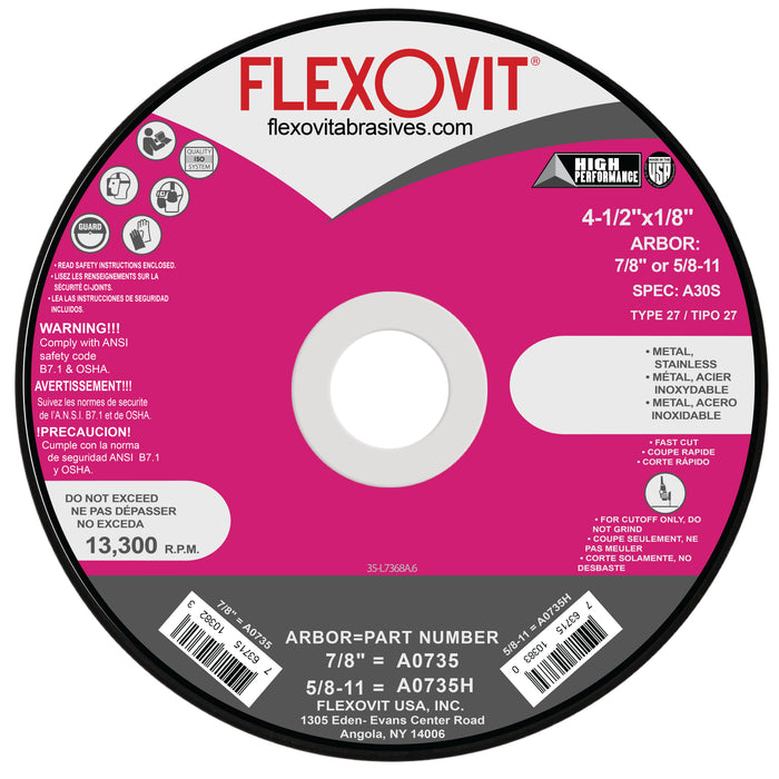 FLEXOVIT - 4-1/2" X 1/8" X 5/8" - 11 HIGH PERFORMANCE™ 30 GRIT ALUMINUM OXIDE GRAIN REINFORCED TYPE 27 SPIN-ON DEPRESSED CENTER CUT-OFF WHEEL - A0735H