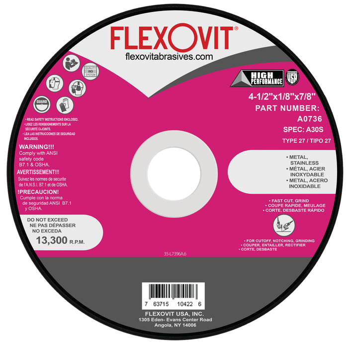 FLEXOVIT - 4-1/2" X 1/8" X 7/8" HIGH PERFORMANCE™ 30 GRIT ALUMINUM OXIDE GRAIN REINFORCED TYPE 27 DEPRESSED CENTER COMBINATION WHEEL - A0736