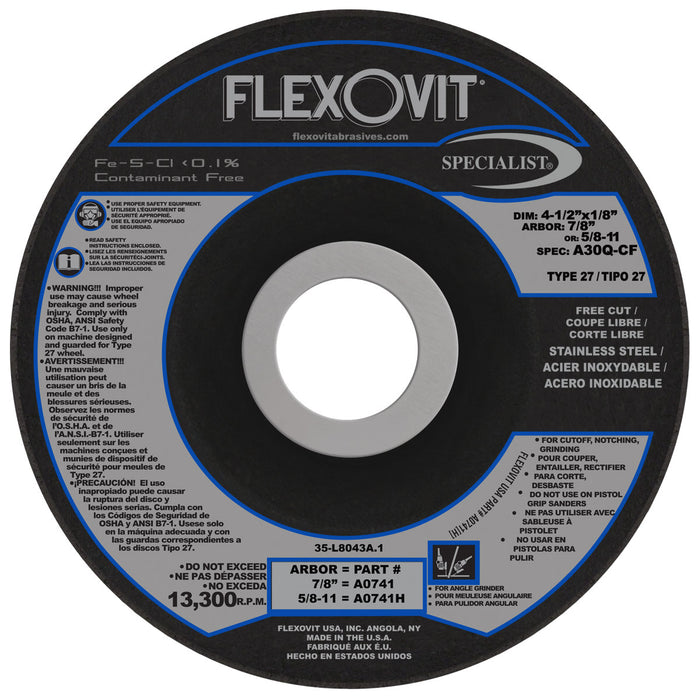 FLEXOVIT - 4-1/2" X 1/8" X 5/8" - 11 SPECIALIST® STAINLESS STEEL 30 GRIT ALUMINUM OXIDE GRAIN REINFORCED TYPE 27 SPIN-ON DEPRESSED CENTER COMBINATION WHEEL - A0741H