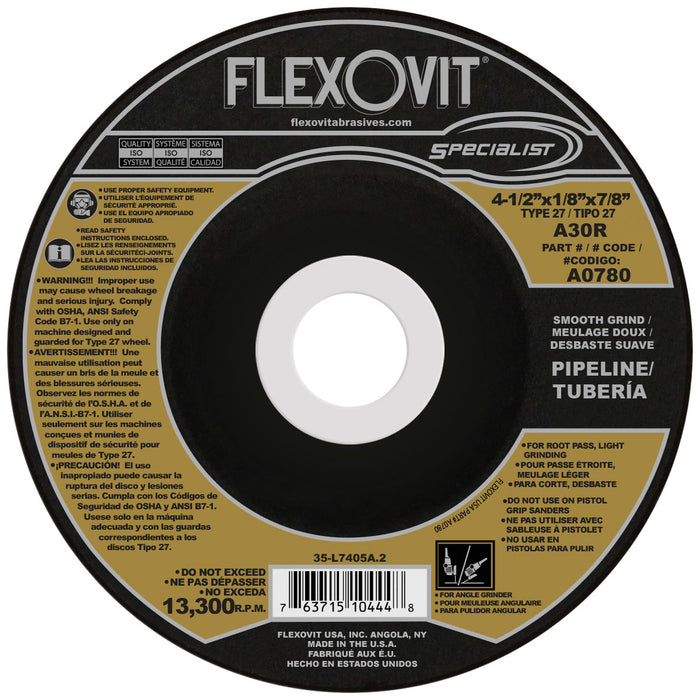 FLEXOVIT - 4-1/2" X 1/8" X 5/8" - 11 SPECIALIST® PIPELINE 30 GRIT ALUMINUM OXIDE GRAIN REINFORCED TYPE 27 SPIN-ON DEPRESSED CENTER COMBINATION WHEEL - A0780H