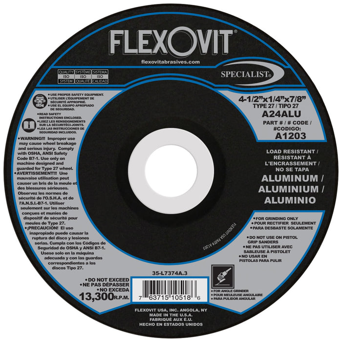 FLEXOVIT - 4-1/2" X 1/4" X 7/8" SPECIALIST® ALUMINUM 24 GRIT ALUMINUM OXIDE GRAIN REINFORCED TYPE 27 DEPRESSED CENTER GRINDING WHEEL - A1203