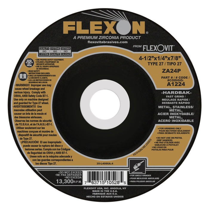FLEXOVIT - 4-1/2" X 1/4" X 5/8" - 11 FLEXON® 24 GRIT ZIRCONIA ALUMINA GRAIN REINFORCED TYPE 27 SPIN-ON DEPRESSED CENTER GRINDING WHEEL - A1224H