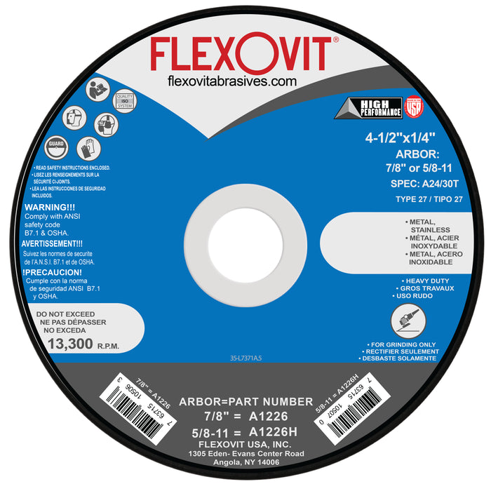 FLEXOVIT - 4-1/2" X 1/4" X 5/8" - 11 HIGH PERFORMANCE™ 24- GRIT ALUMINUM OXIDE GRAIN REINFORCED TYPE 27 SPIN-ON DEPRESSED CENTER GRINDING WHEEL - A1226H