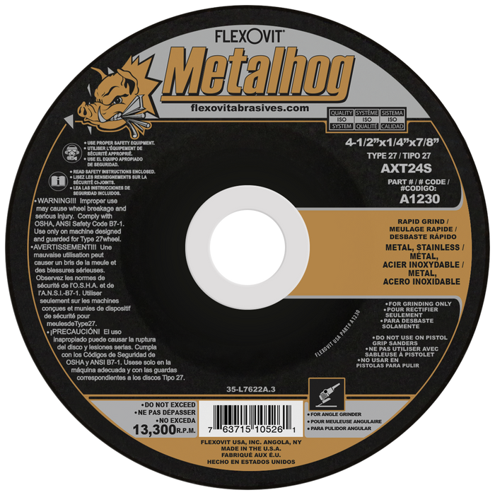 FLEXOVIT - 4-1/2" X 1/4" X 5/8" - 11 METALHOG® 24 GRIT PREMIUM BLEND GRAIN REINFORCED TYPE 27 SPIN-ON DEPRESSED CENTER GRINDING WHEEL - A1230H