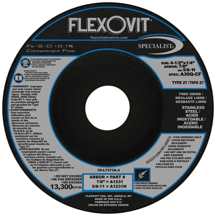 FLEXOVIT - 4-1/2" X 1/4" X 5/8" - 11 SPECIALIST® STAINLESS STEEL 30 GRIT ALUMINUM OXIDE GRAIN REINFORCED TYPE 27 SPIN-ON DEPRESSED CENTER GRINDING WHEEL - A1231H