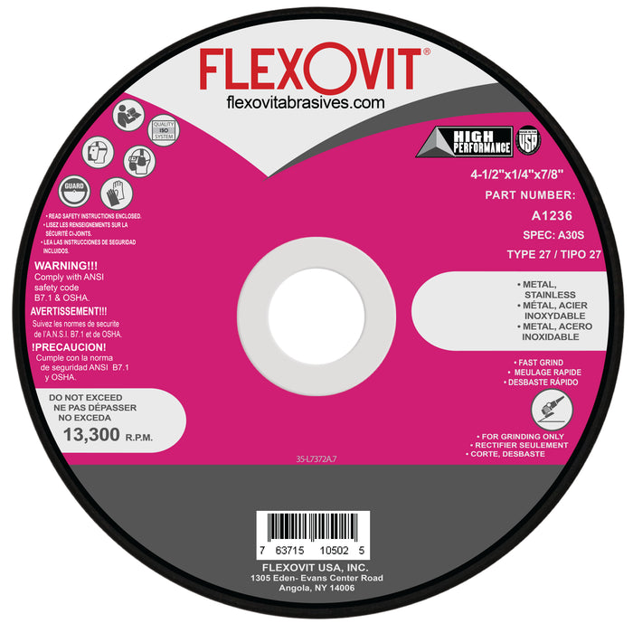 FLEXOVIT - 4-1/2" X 1/4" X 7/8" HIGH PERFORMANCE™ 30 GRIT ALUMINUM OXIDE GRAIN REINFORCED TYPE 27 DEPRESSED CENTER GRINDING WHEEL - A1236