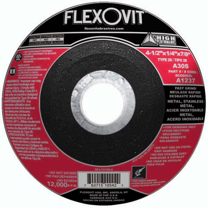 FLEXOVIT - 4-1/2" X 1/4" X 5/8" - 11 ET® ERGONOMIC TECHNOLOGY 30 GRIT ALUMINUM OXIDE GRAIN REINFORCED SAUCER SHAPE SPIN-ON DEPRESSED CENTER GRINDING WHEEL - A1237H