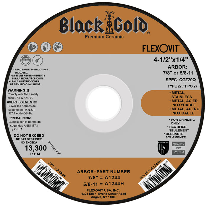 FLEXOVIT - 4-1/2" X 1/4" X 5/8" - 11 BLACK GOLD® 20 GRIT ZIRCONIA & CERAMIC GRAIN REINFORCED TYPE 27 SPIN-ON DEPRESSED CENTER GRINDING WHEEL - A1244H