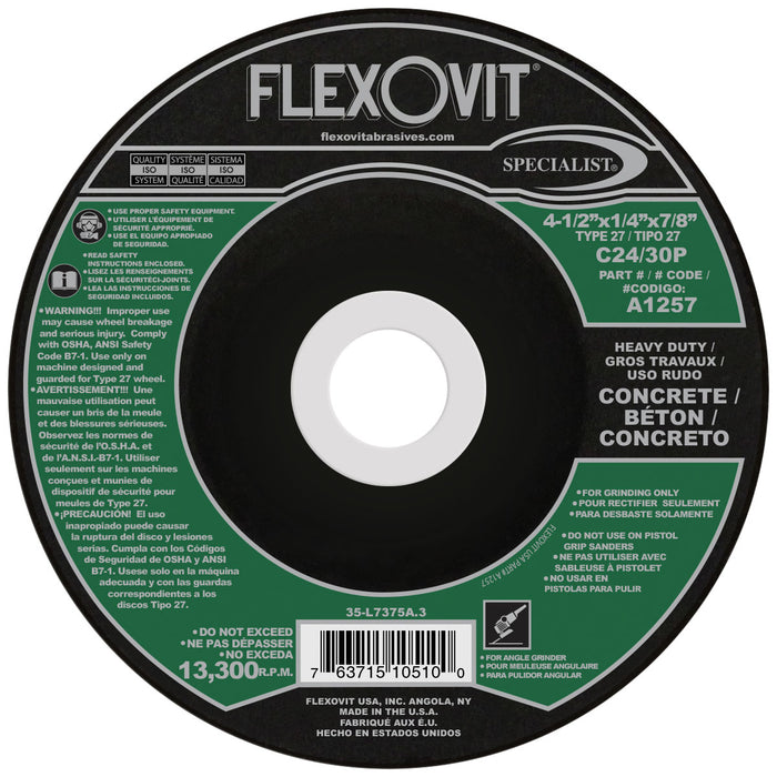 FLEXOVIT - 4-1/2" X 1/4" X 5/8" - 11 SPECIALIST® CONCRETE 24- GRIT SILICON CARBIDE GRAIN REINFORCED TYPE 27 SPIN-ON DEPRESSED CENTER GRINDING WHEEL - A1257H