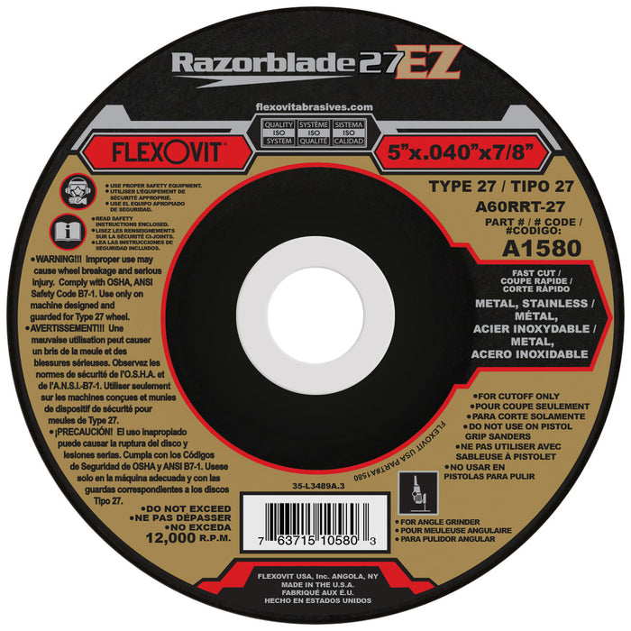 FLEXOVIT - 5" X .040" X 7/8" RAZORBLADE 27® EZ 60 GRIT ALUMINUM OXIDE GRAIN REINFORCED TYPE 27 DEPRESSED CENTER CUT-OFF WHEEL - A1580