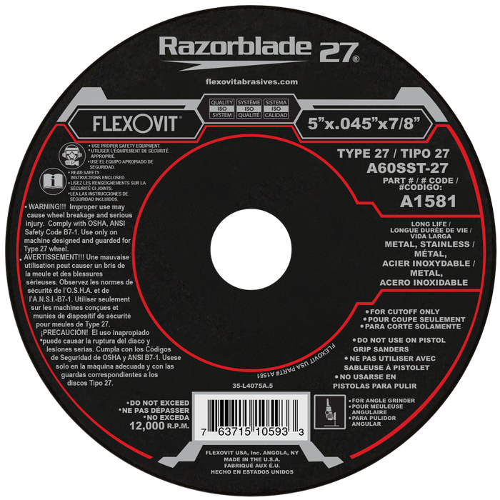 FLEXOVIT - RAZORBLADE27™ 5"X.045"X5/8-11 A60SST-27 DEPRESSED CENTER CUTOFF WHEEL - A1581H