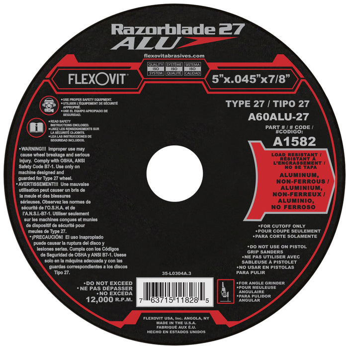 FLEXOVIT - 5" X .045" X 7/8" RAZORBLADE 27® ALU 60 GRIT ALUMINUM OXIDE GRAIN REINFORCED TYPE 27 DEPRESSED CENTER CUT-OFF WHEEL - A1582