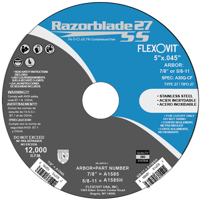 FLEXOVIT - RAZORBLADE® 4-1/2" X .045" X 5/8-11 TYPE 27/42 SPIN-ON A30Q-CF CUTOFF WHEEL - A1585H