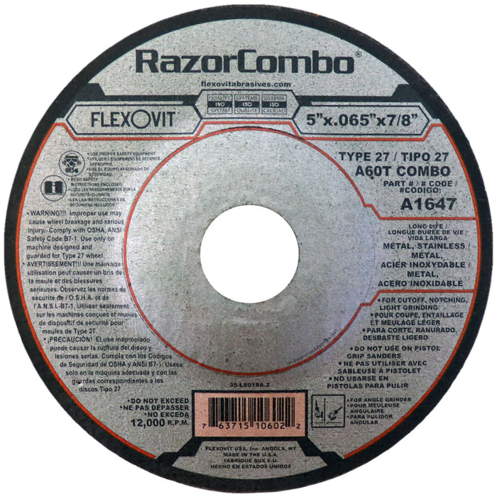 FLEXOVIT - 5" X .065" X 7/8" RAZORCOMBO® 60 GRIT ALUMINUM OXIDE GRAIN REINFORCED TYPE 27 DEPRESSED CENTER CUT-OFF WHEEL - A1647